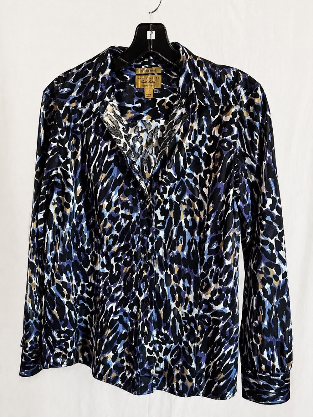 Silk Satin Animal Print Button-Up Blouse - Blue/Black/Cream